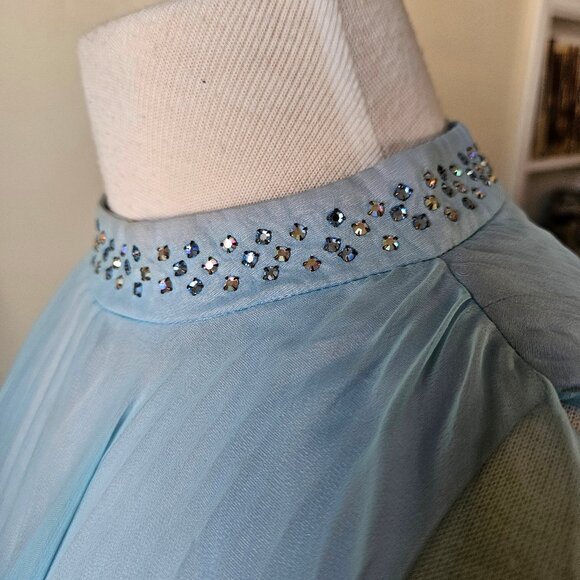 Vintage 70s Carroll's Blue Chiffon Pleated Babydoll Tent Trapeeze Mini Dress S - Picture 9 of 11